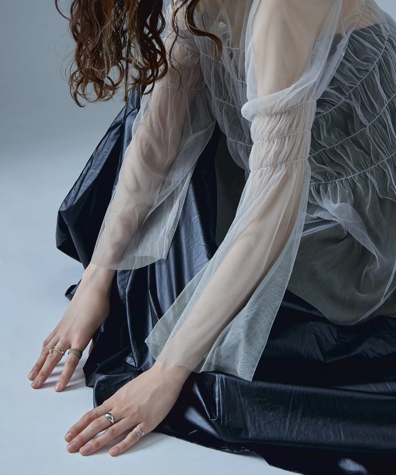 Shirring tulle sheer tops