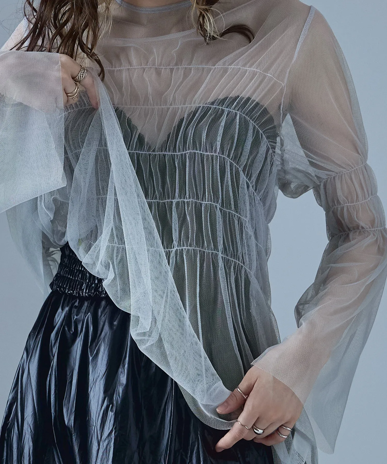 Shirring tulle sheer tops