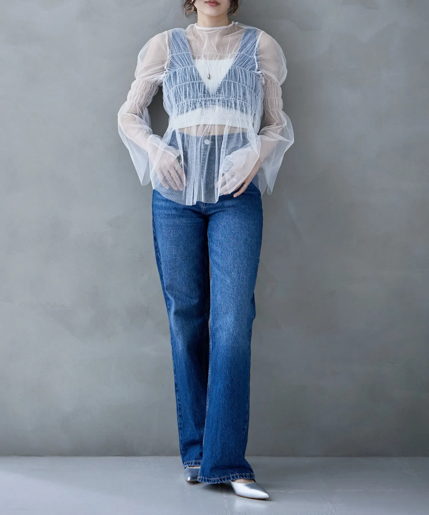 Shirring tulle sheer tops