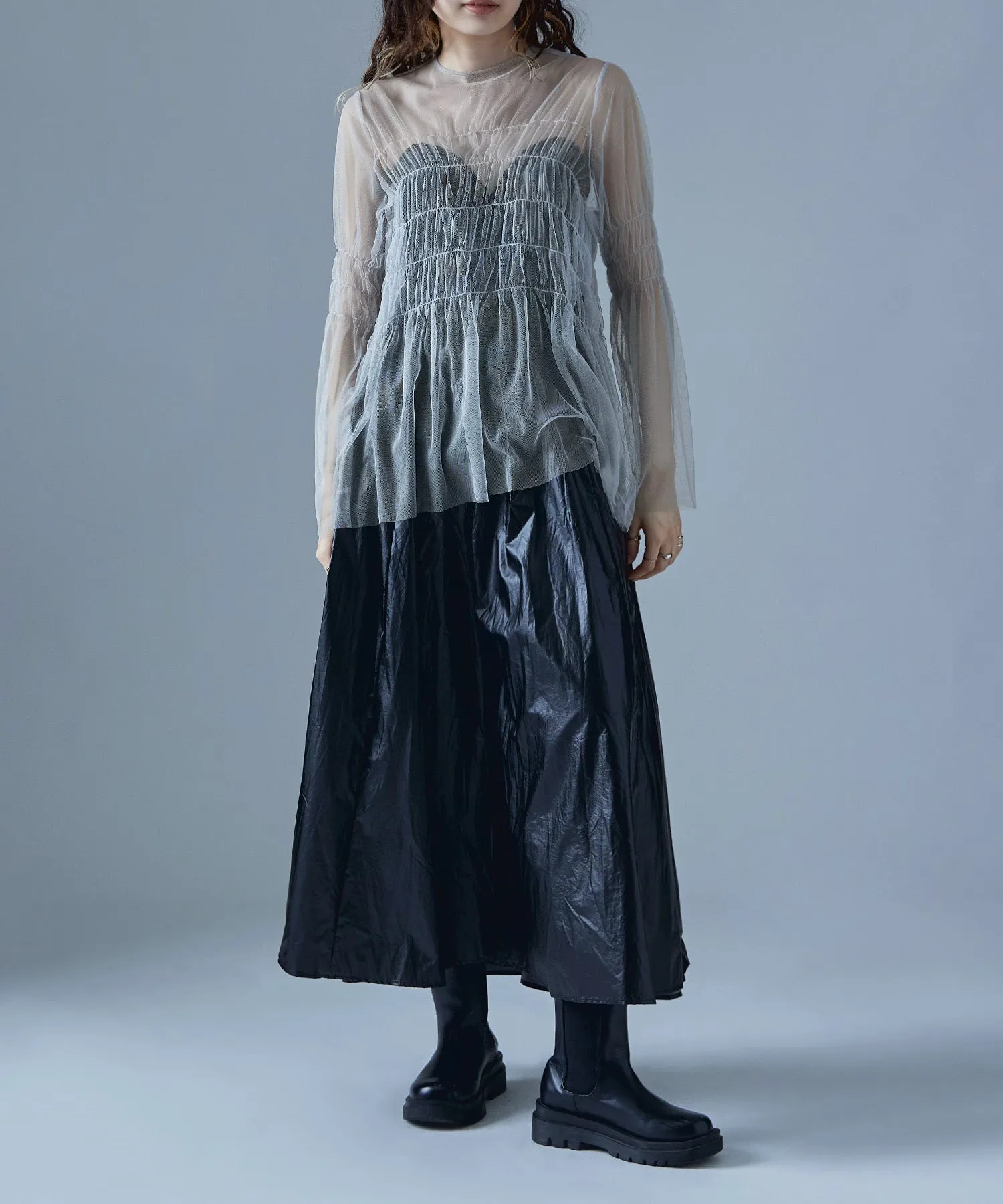 Shirring tulle sheer tops