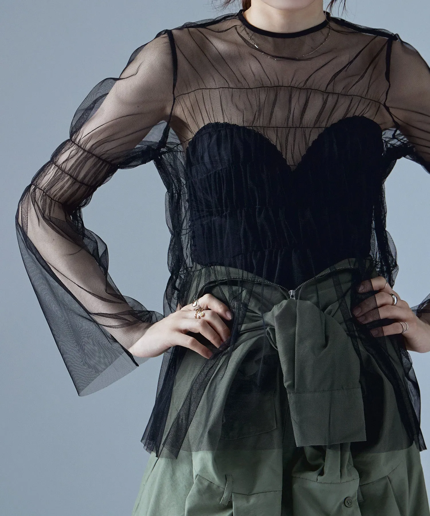 Shirring tulle sheer tops
