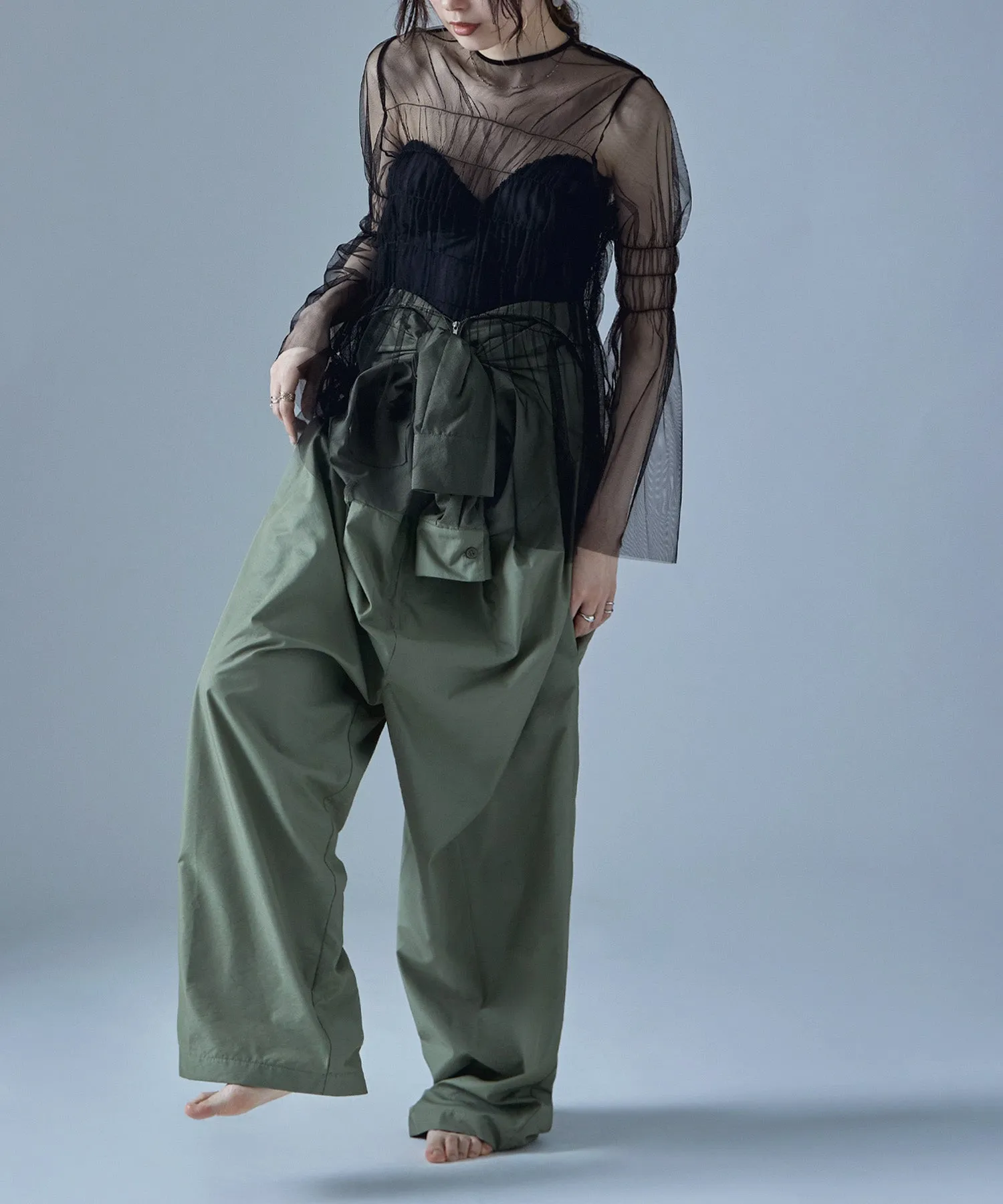 Shirring tulle sheer tops