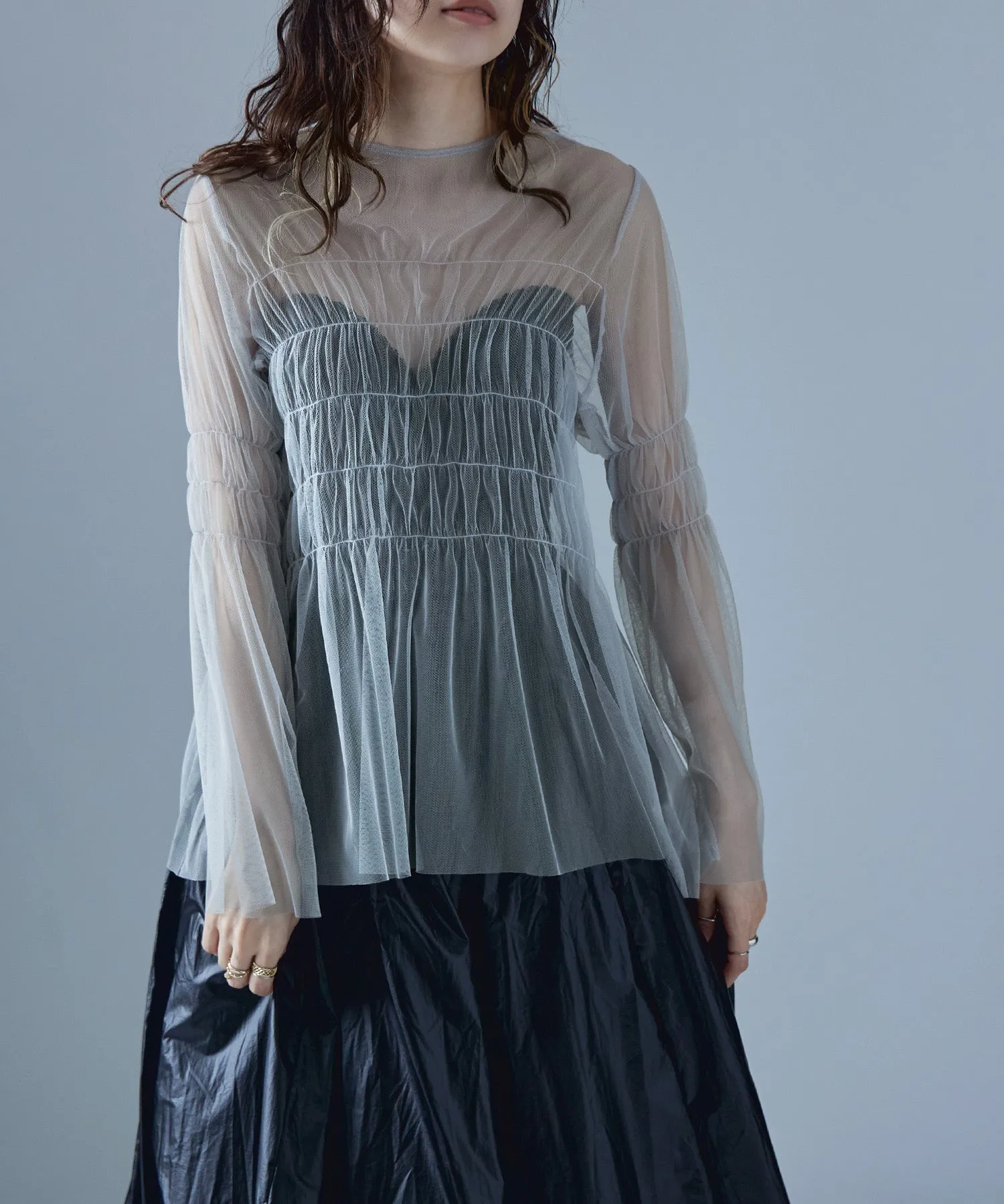 Shirring tulle sheer tops