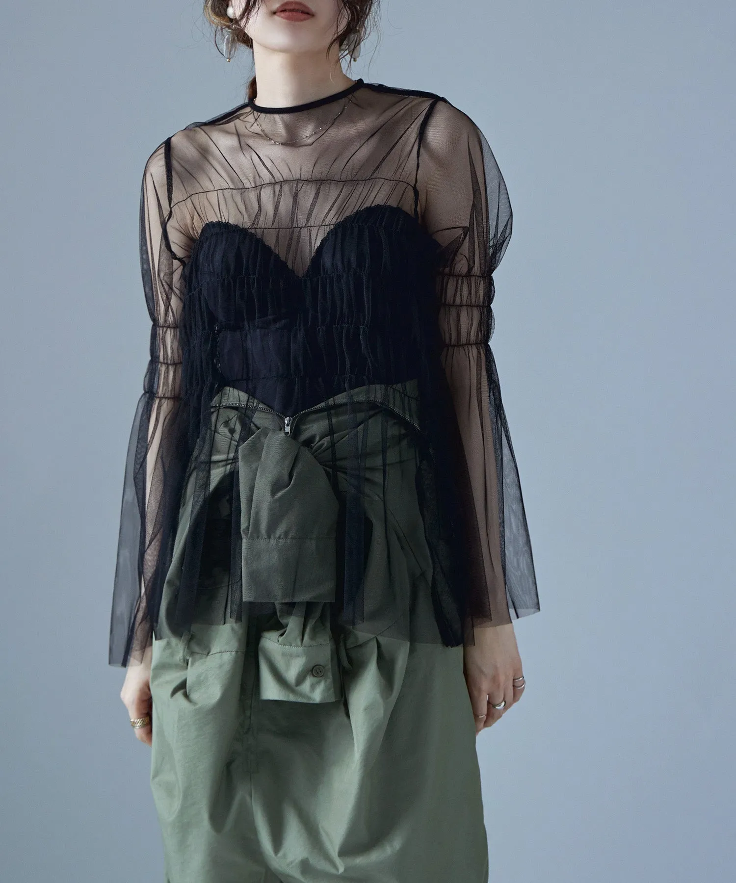 Shirring tulle sheer tops