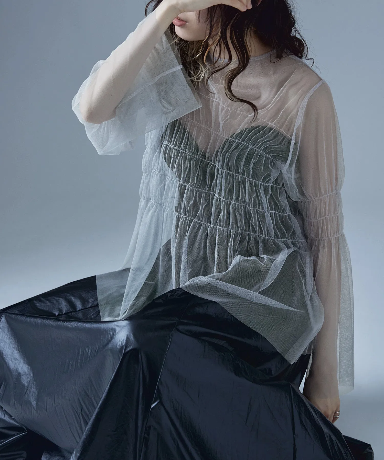 Shirring tulle sheer tops
