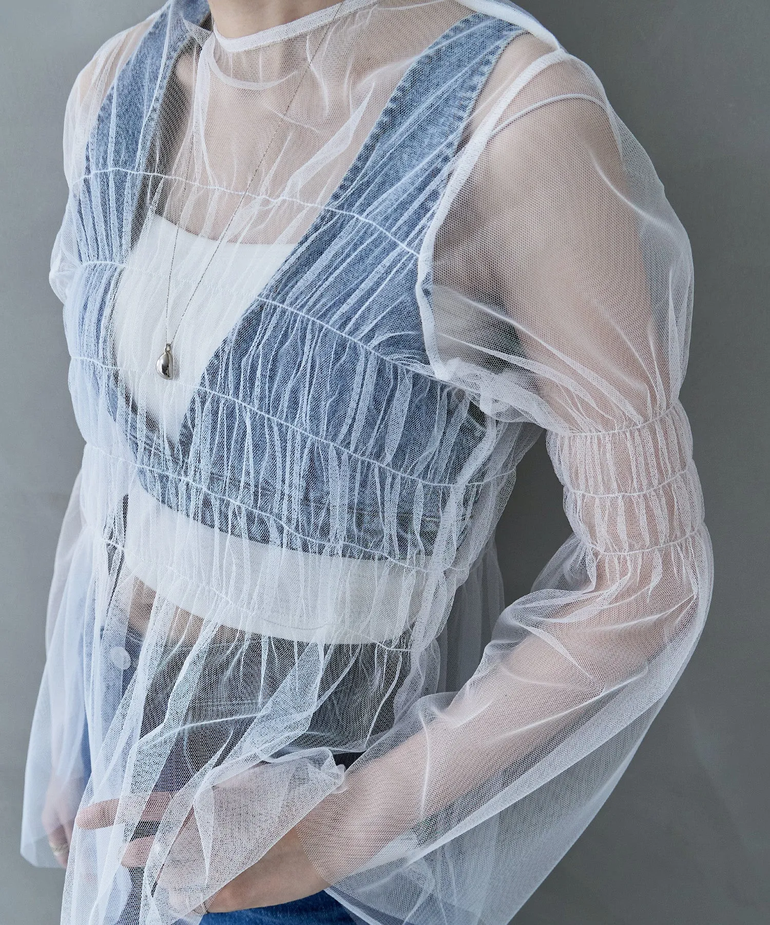 Shirring tulle sheer tops