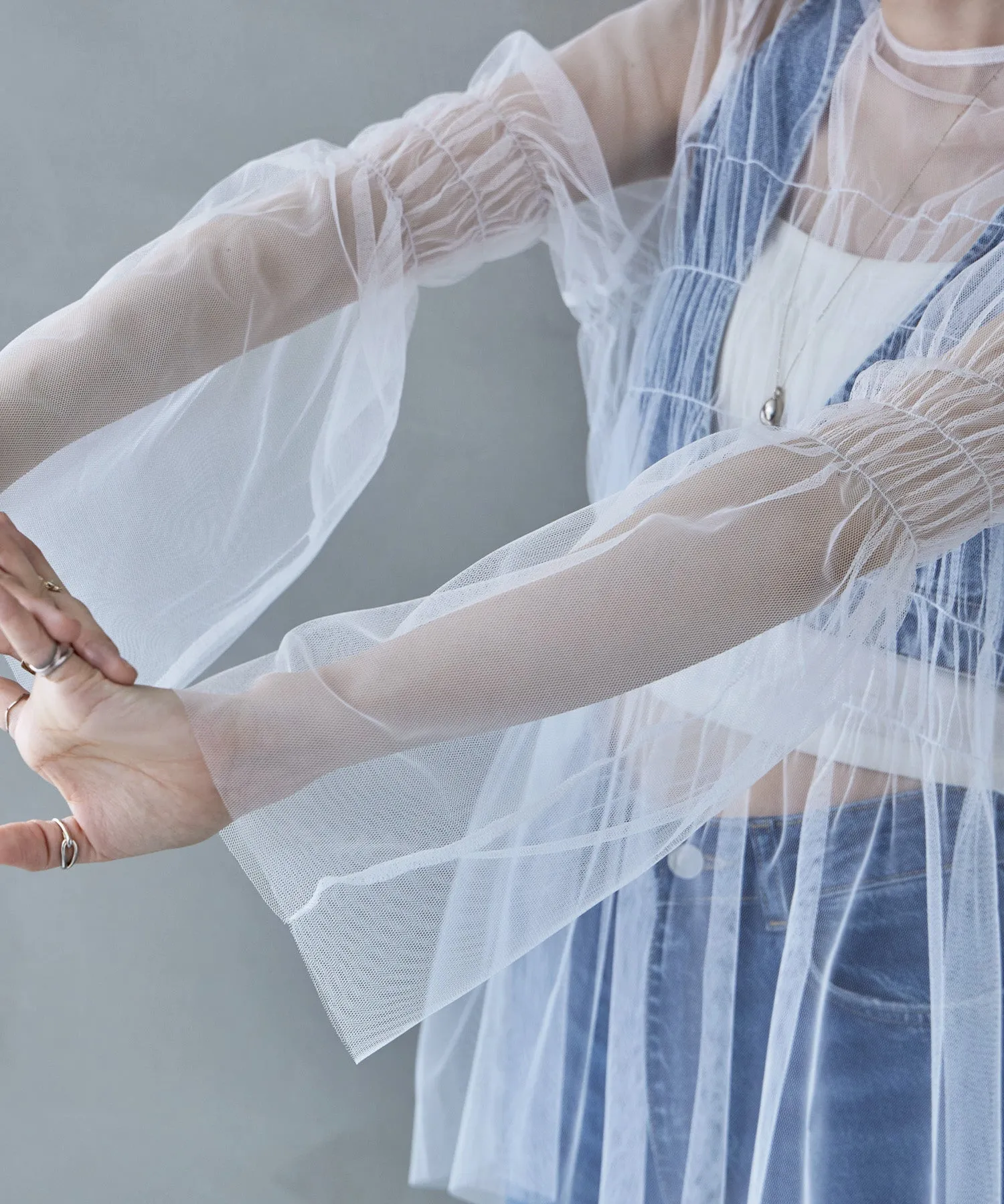 Shirring tulle sheer tops