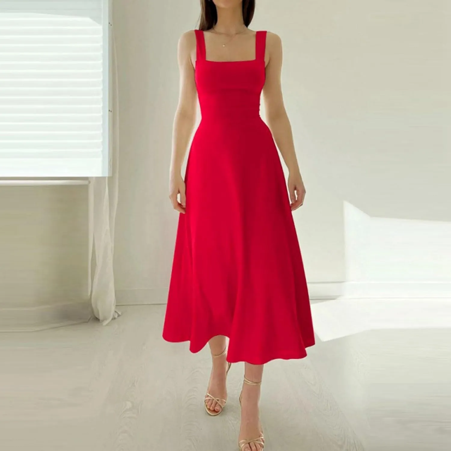 Sleeveless Dresses For Women 2025 Square Neck Slim Fit Waisted Flowy Swing Long Dress Solid Elegant Party Sundress