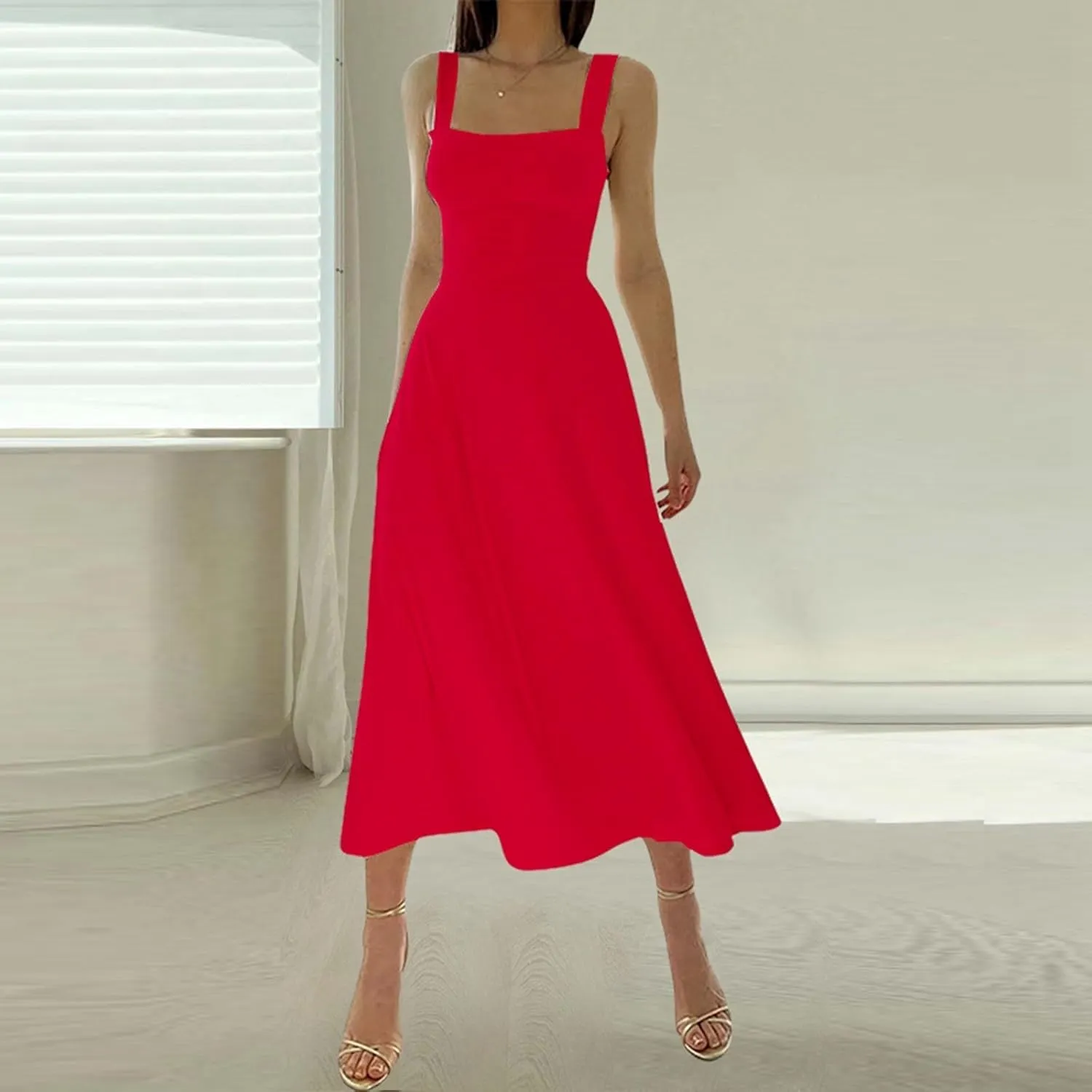 Sleeveless Dresses For Women 2025 Square Neck Slim Fit Waisted Flowy Swing Long Dress Solid Elegant Party Sundress