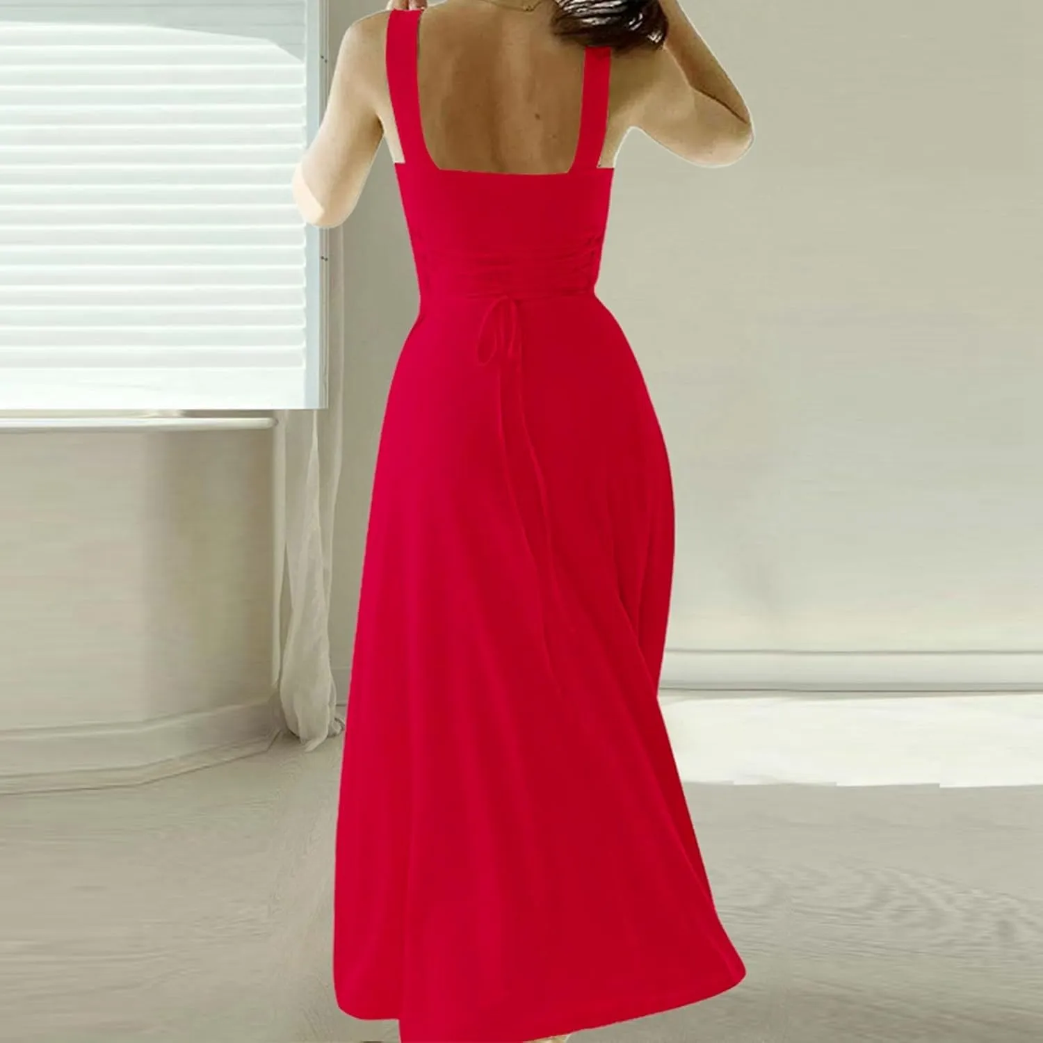Sleeveless Dresses For Women 2025 Square Neck Slim Fit Waisted Flowy Swing Long Dress Solid Elegant Party Sundress
