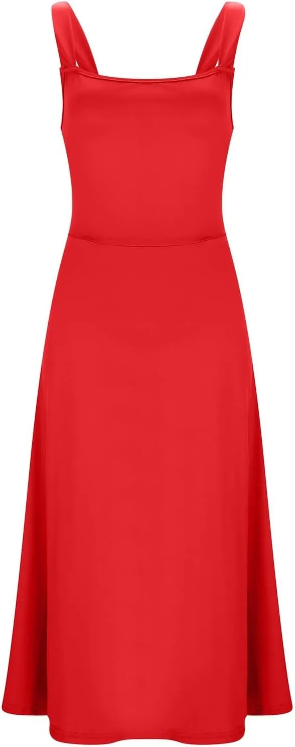 Sleeveless Dresses For Women 2025 Square Neck Slim Fit Waisted Flowy Swing Long Dress Solid Elegant Party Sundress