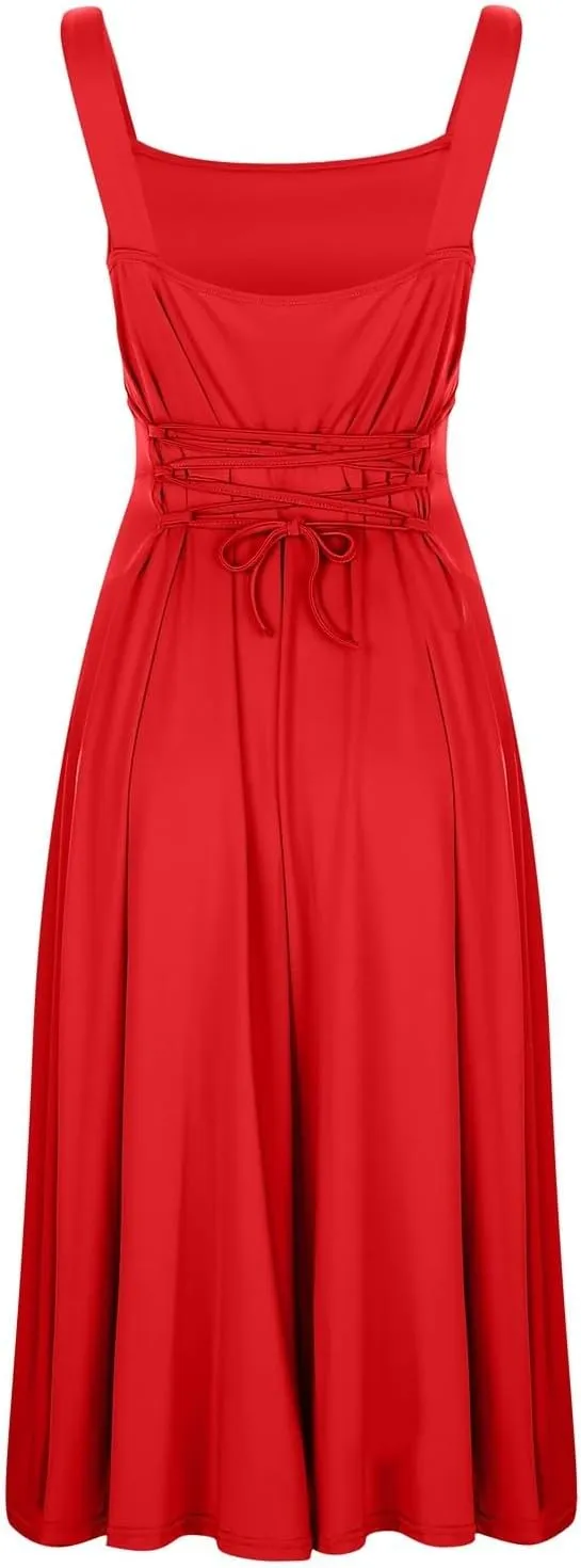 Sleeveless Dresses For Women 2025 Square Neck Slim Fit Waisted Flowy Swing Long Dress Solid Elegant Party Sundress