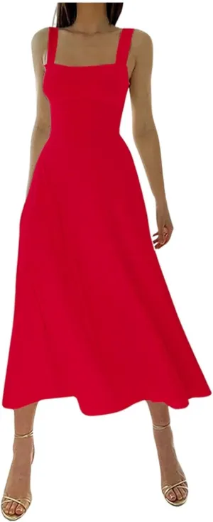 Sleeveless Dresses For Women 2025 Square Neck Slim Fit Waisted Flowy Swing Long Dress Solid Elegant Party Sundress Sleeveless Dresses For Women 2025 Square Neck Slim Fit Waisted Flowy Swing Long Dress Solid Elegant Party Sundress