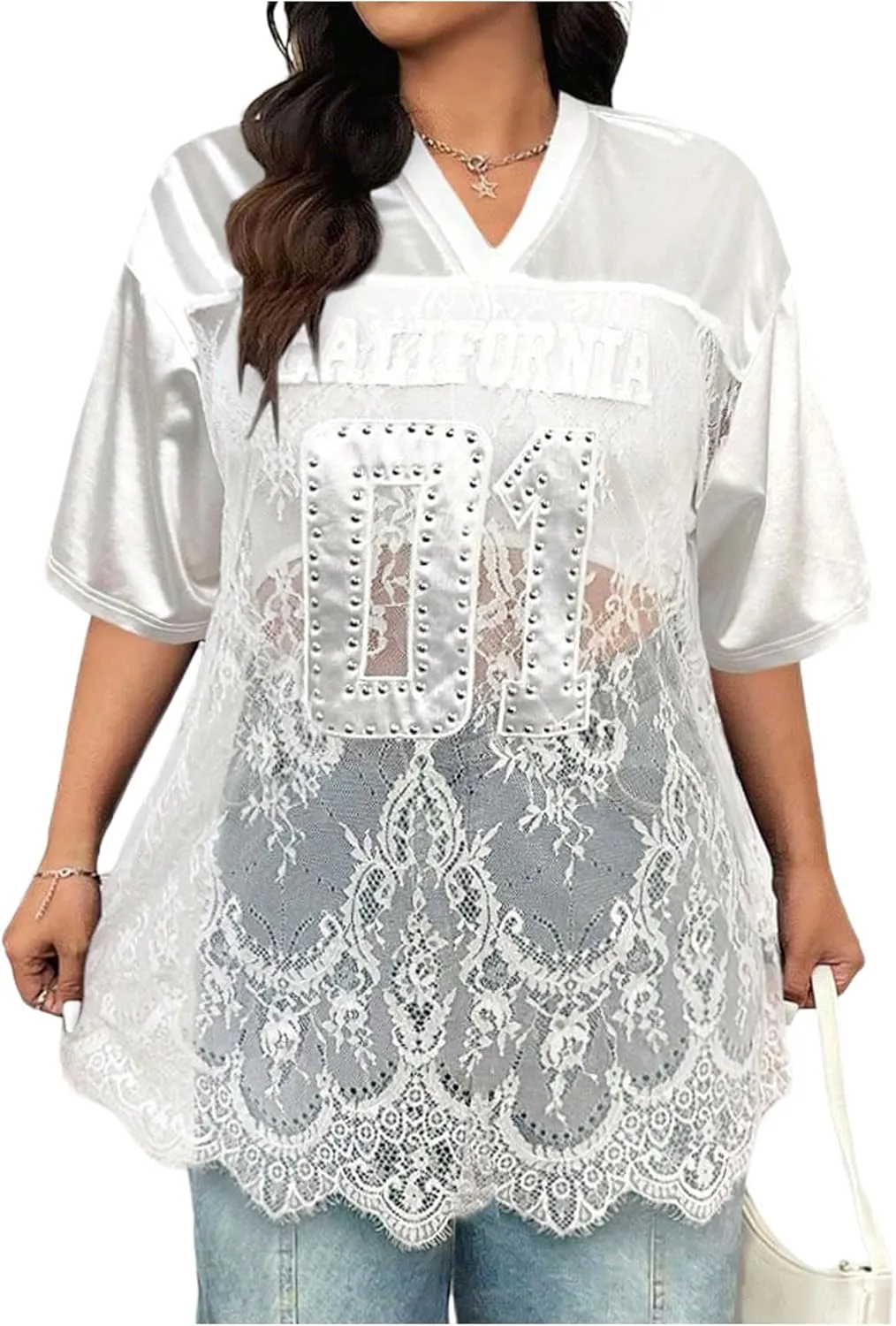 SOLY HUX Women's Plus Size Jersey Shirts Lace Sheer V Neck Half Sleeve Number Graphic Tees Casual T Shirt
