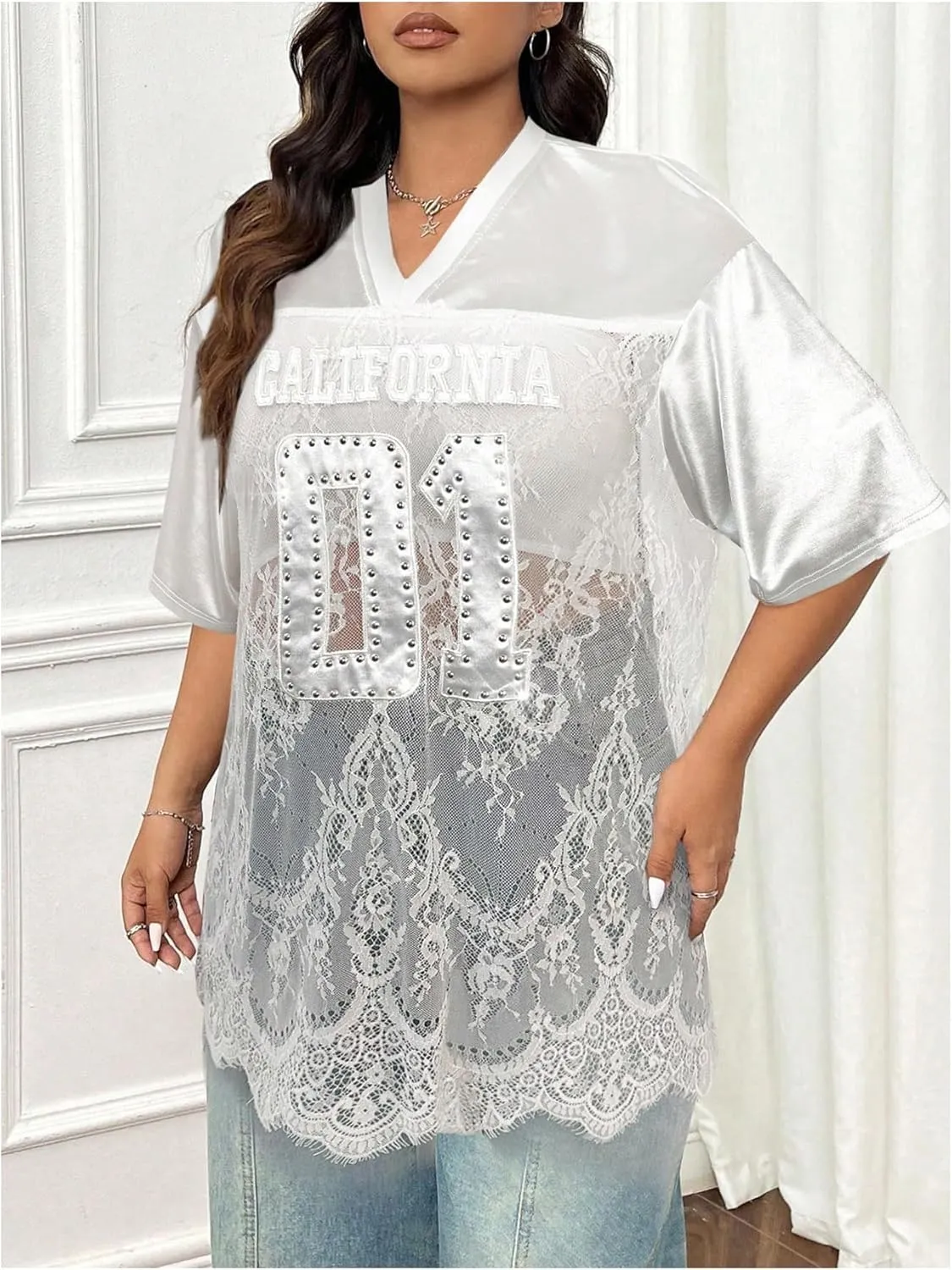 SOLY HUX Women's Plus Size Jersey Shirts Lace Sheer V Neck Half Sleeve Number Graphic Tees Casual T Shirt