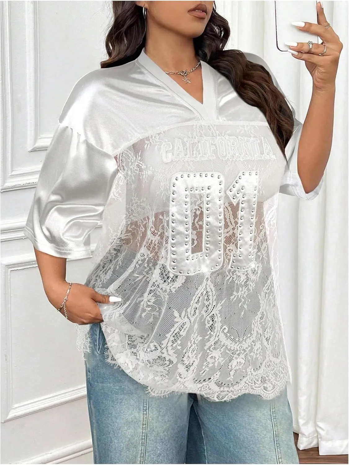 SOLY HUX Women's Plus Size Jersey Shirts Lace Sheer V Neck Half Sleeve Number Graphic Tees Casual T Shirt
