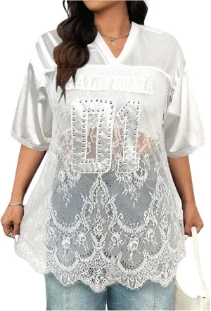 SOLY HUX Women's Plus Size Jersey Shirts Lace Sheer V Neck Half Sleeve Number Graphic Tees Casual T Shirt