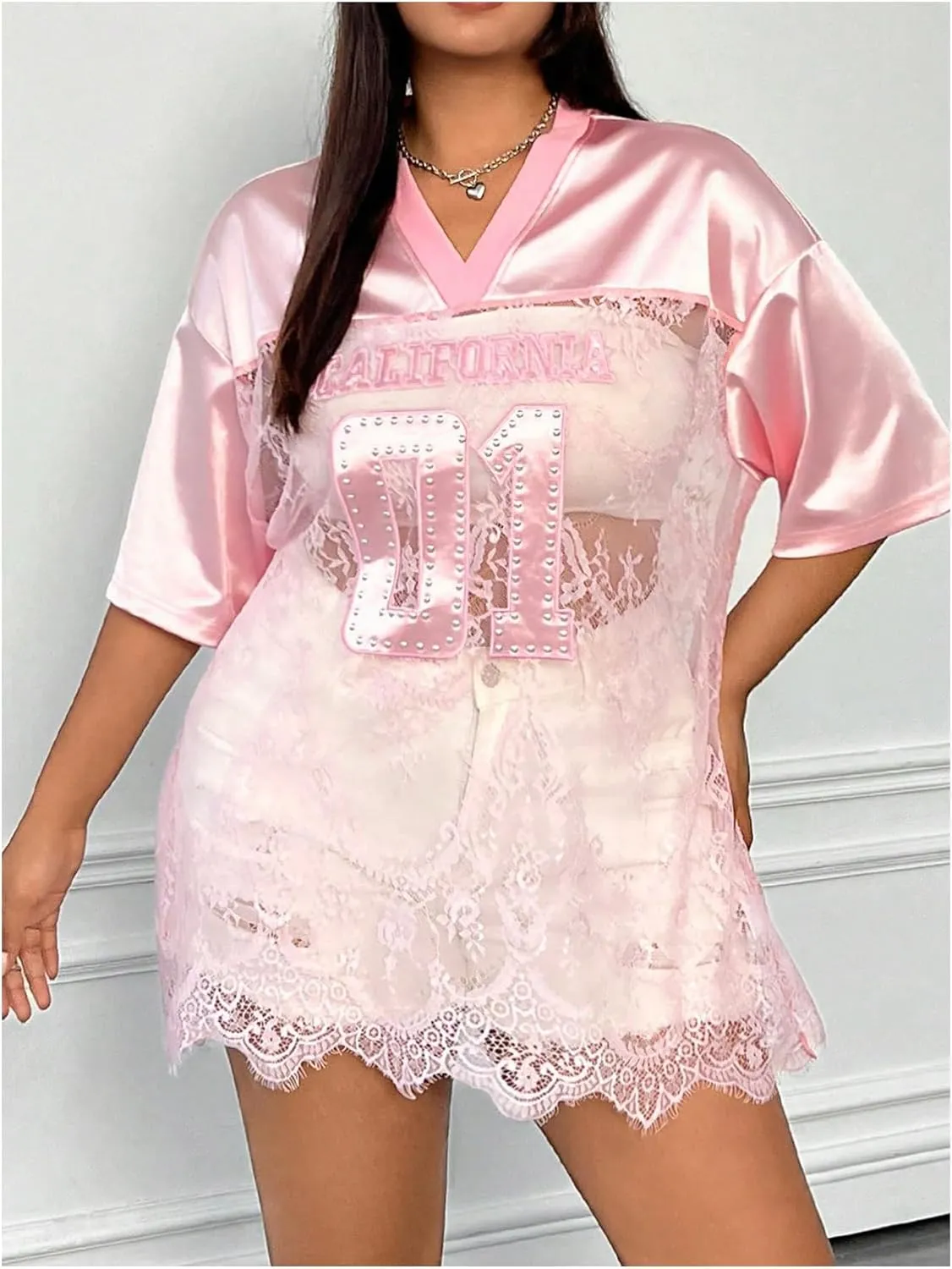SOLY HUX Women's Plus Size Jersey Shirts Lace Sheer V Neck Half Sleeve Number Graphic Tees Casual T Shirt