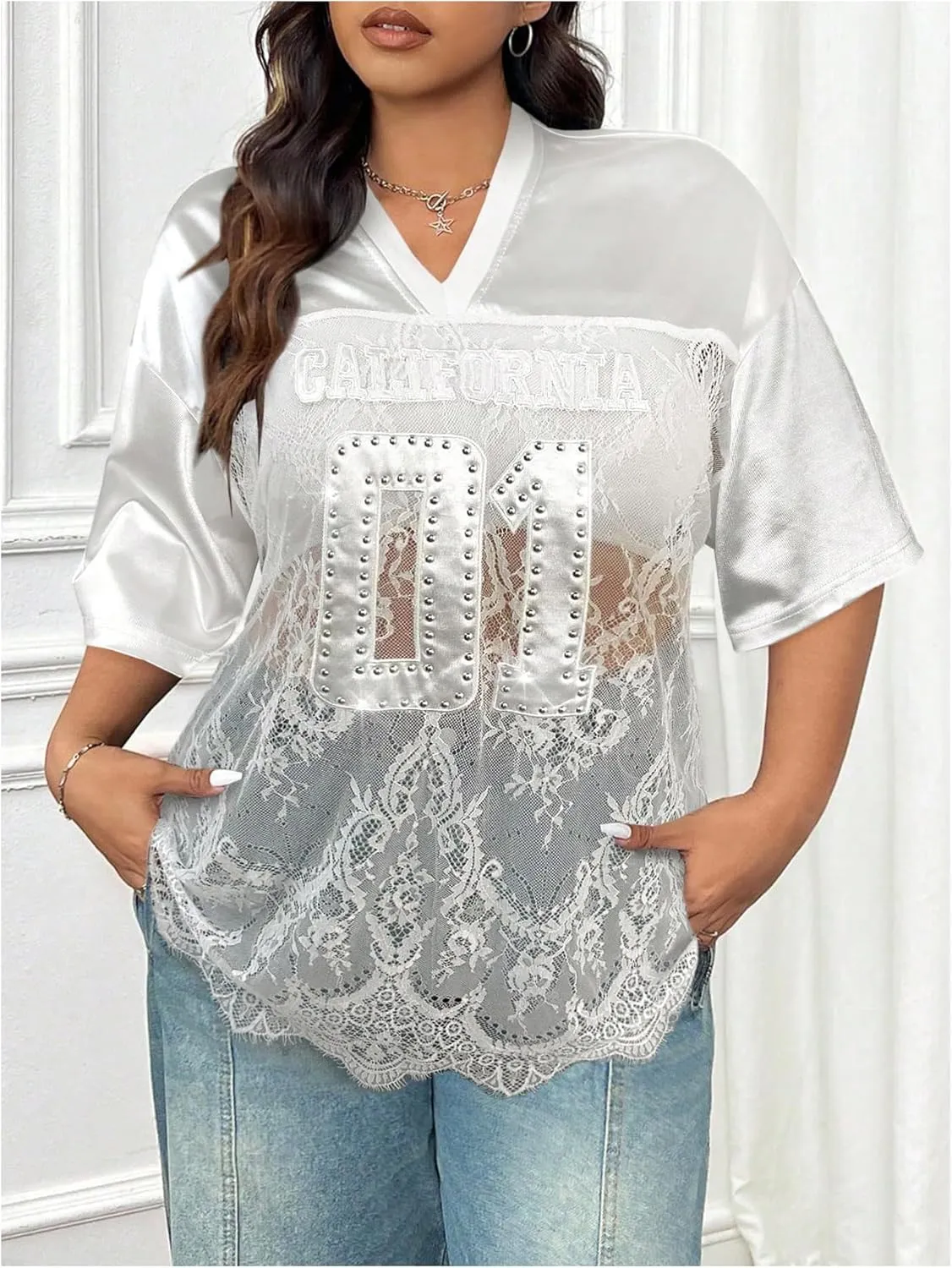 SOLY HUX Women's Plus Size Jersey Shirts Lace Sheer V Neck Half Sleeve Number Graphic Tees Casual T Shirt