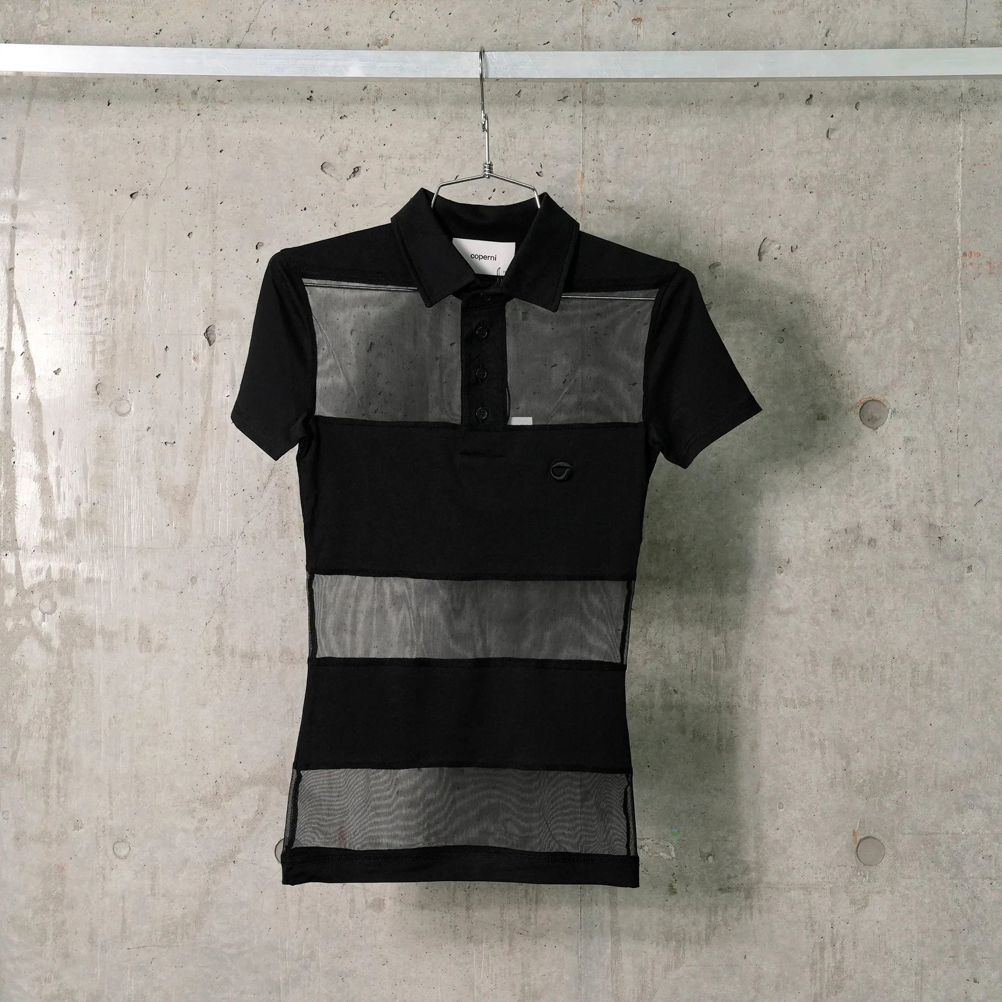 STRIPED SHEER POLO TOP / BLACK