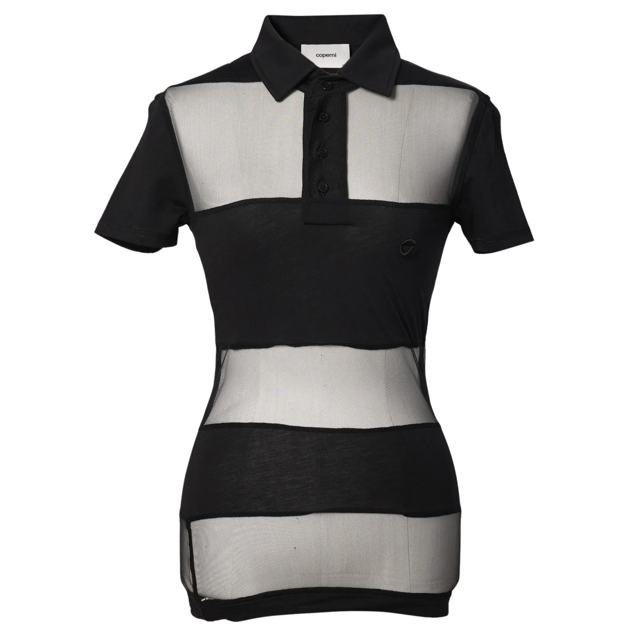 STRIPED SHEER POLO TOP / BLACK