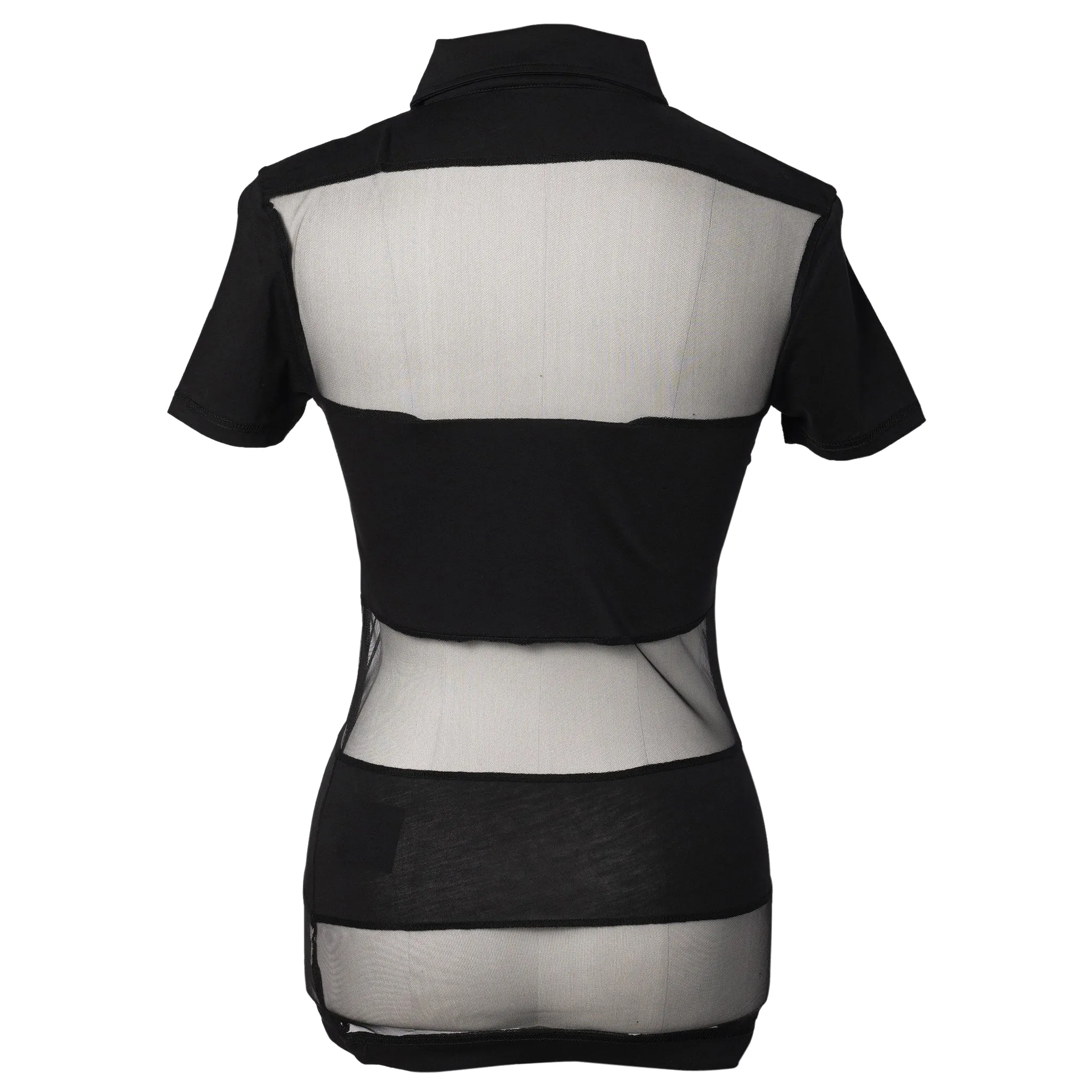 STRIPED SHEER POLO TOP / BLACK