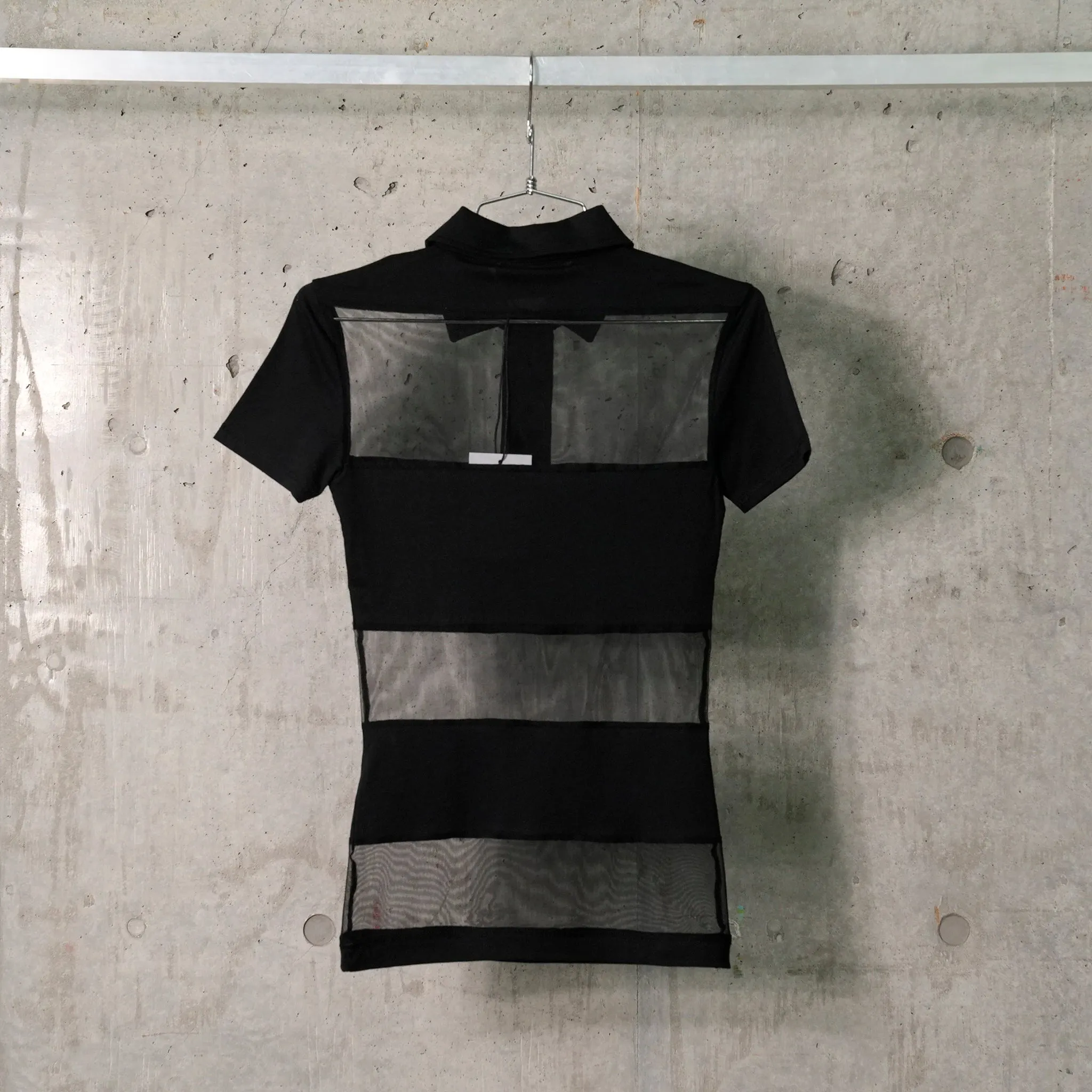 STRIPED SHEER POLO TOP / BLACK