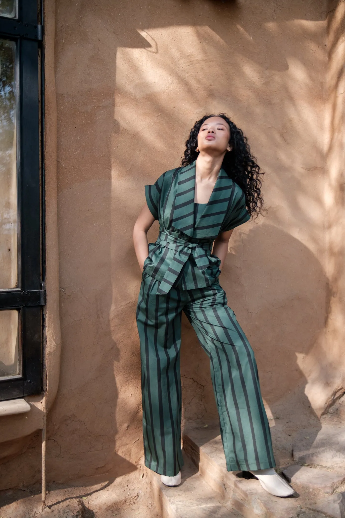 The Terra Tribe Deep Green Stripes Berlin Shawl Collar Summer Jacket