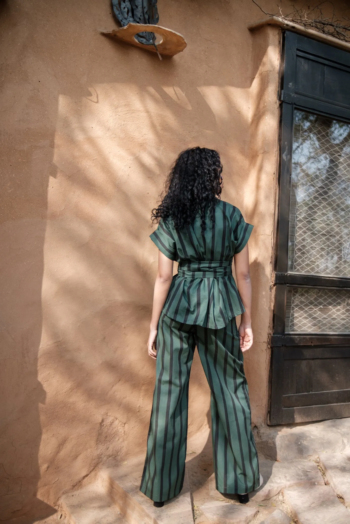 The Terra Tribe Deep Green Stripes Berlin Shawl Collar Summer Jacket