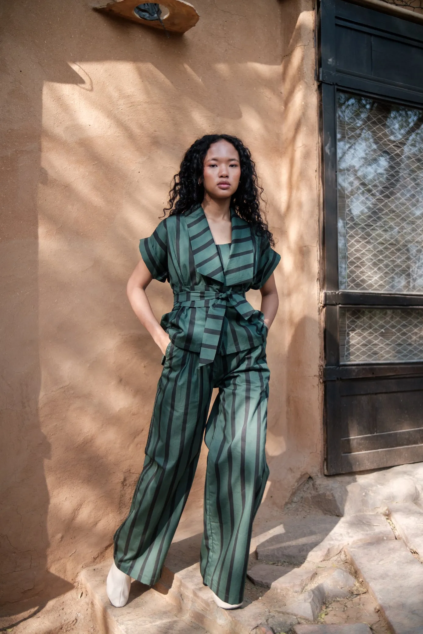 The Terra Tribe Deep Green Stripes Berlin Shawl Collar Summer Jacket