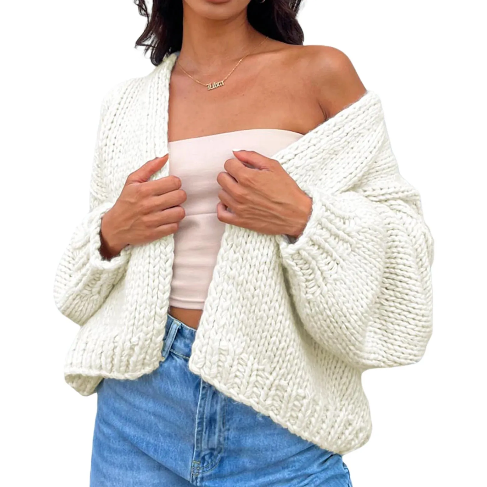 Toleet-Women Crochet Chunky Sweater Y2k Open Front Long Sleeve Cable Knitted Cardigan Cute Oversized Jumper Vintage Aesthetic Knitwear