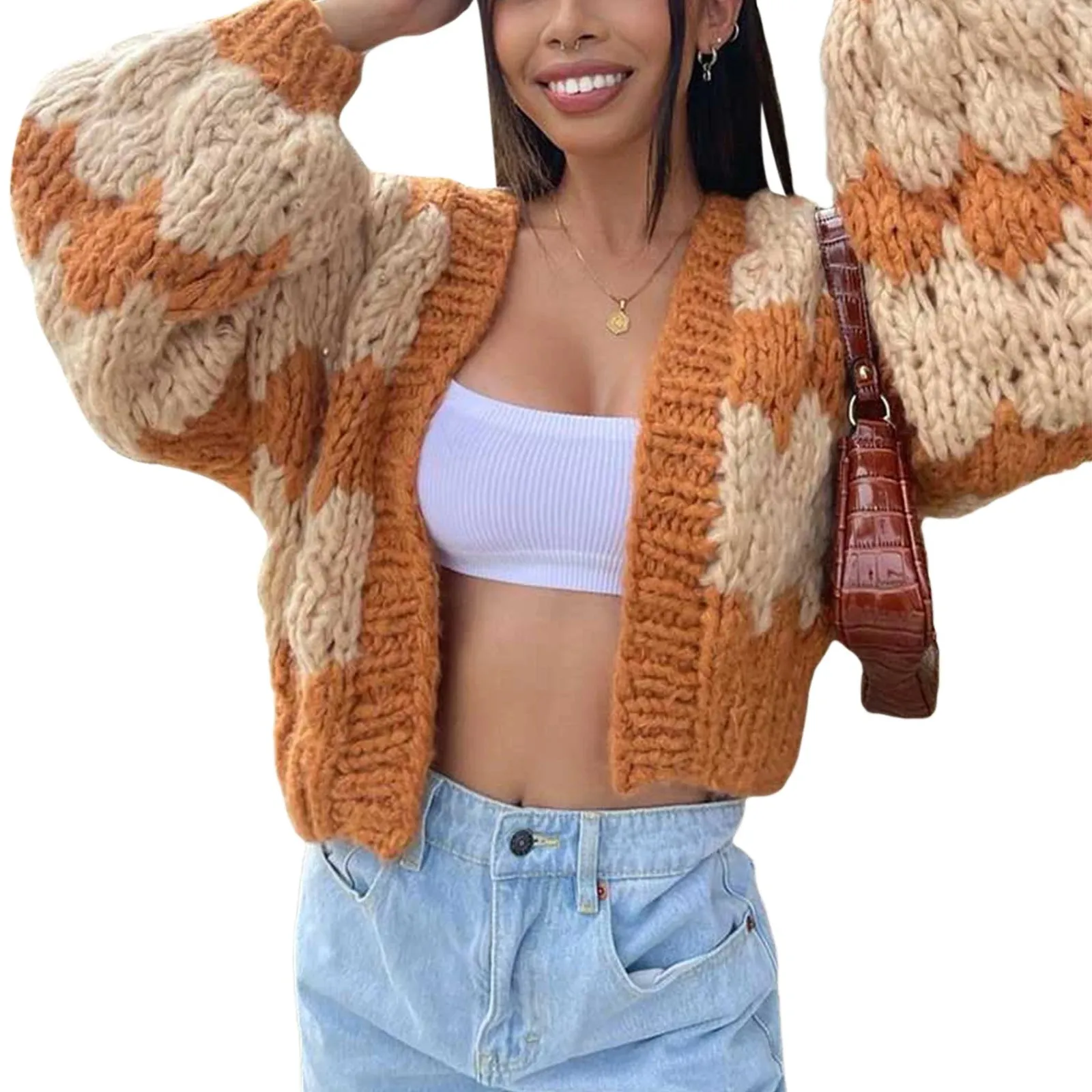 Toleet-Women Crochet Chunky Sweater Y2k Open Front Long Sleeve Cable Knitted Cardigan Cute Oversized Jumper Vintage Aesthetic Knitwear