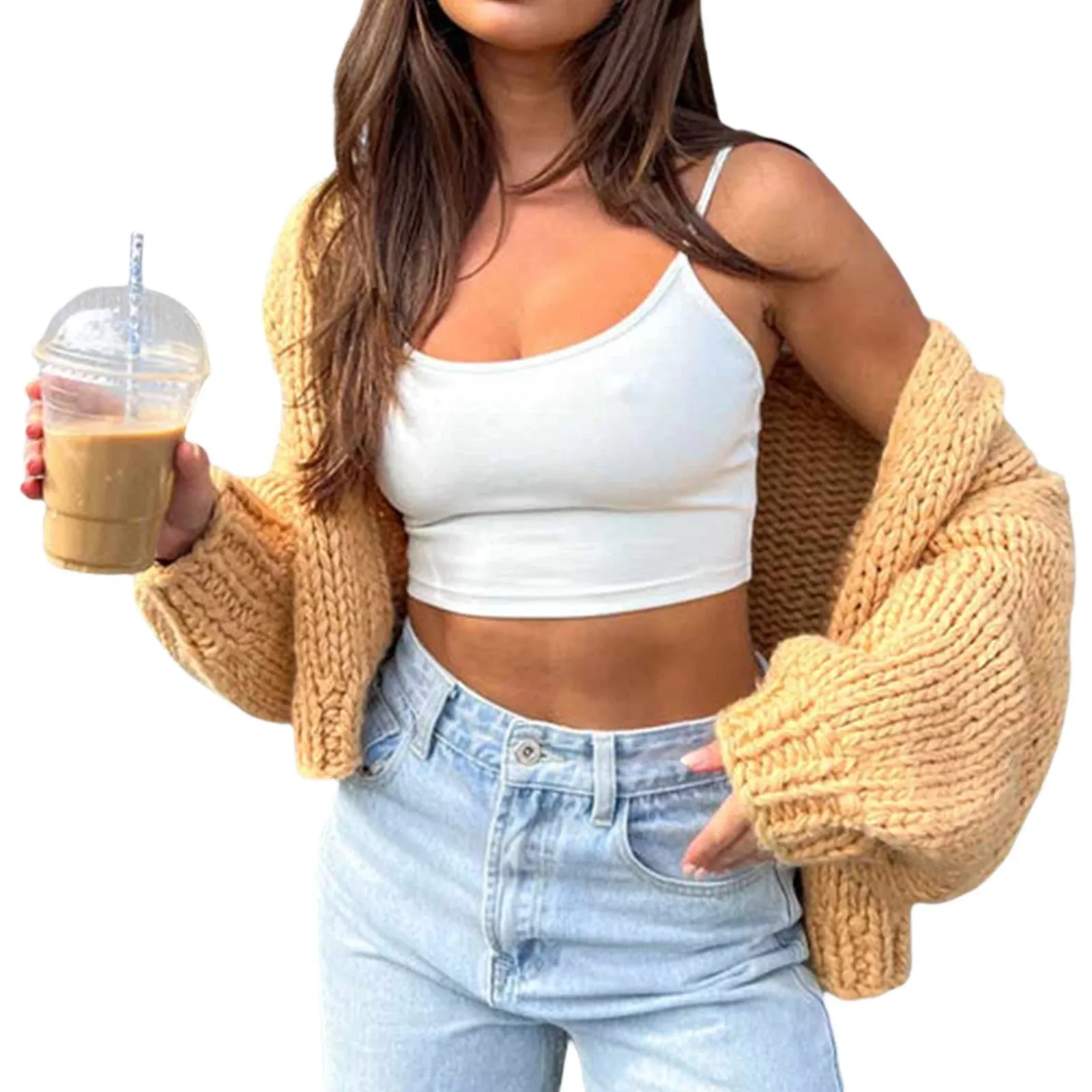 Toleet-Women Crochet Chunky Sweater Y2k Open Front Long Sleeve Cable Knitted Cardigan Cute Oversized Jumper Vintage Aesthetic Knitwear