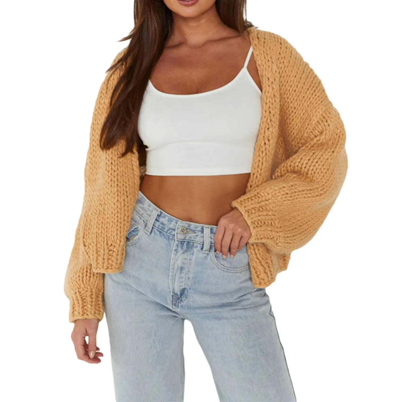 Toleet-Women Crochet Chunky Sweater Y2k Open Front Long Sleeve Cable Knitted Cardigan Cute Oversized Jumper Vintage Aesthetic Knitwear