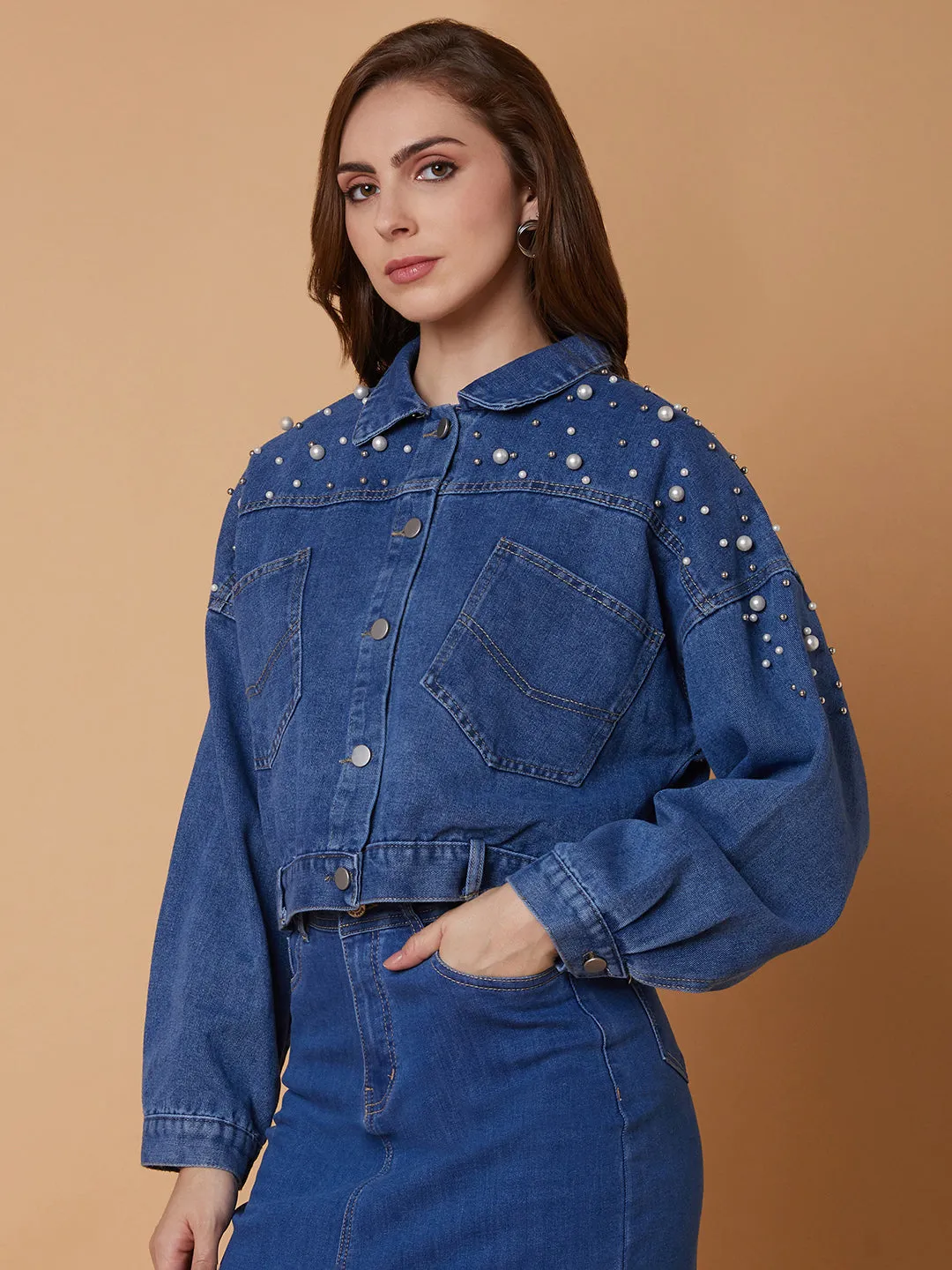 Women Blue Windcheater Longline Denim Jacket