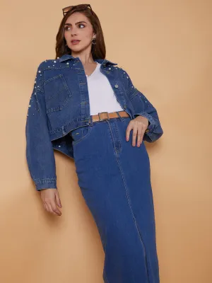 Women Blue Windcheater Longline Denim Jacket