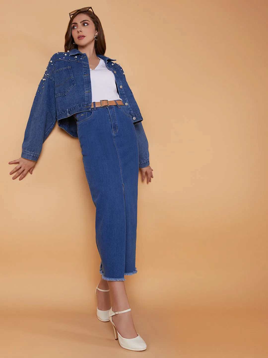 Women Blue Windcheater Longline Denim Jacket