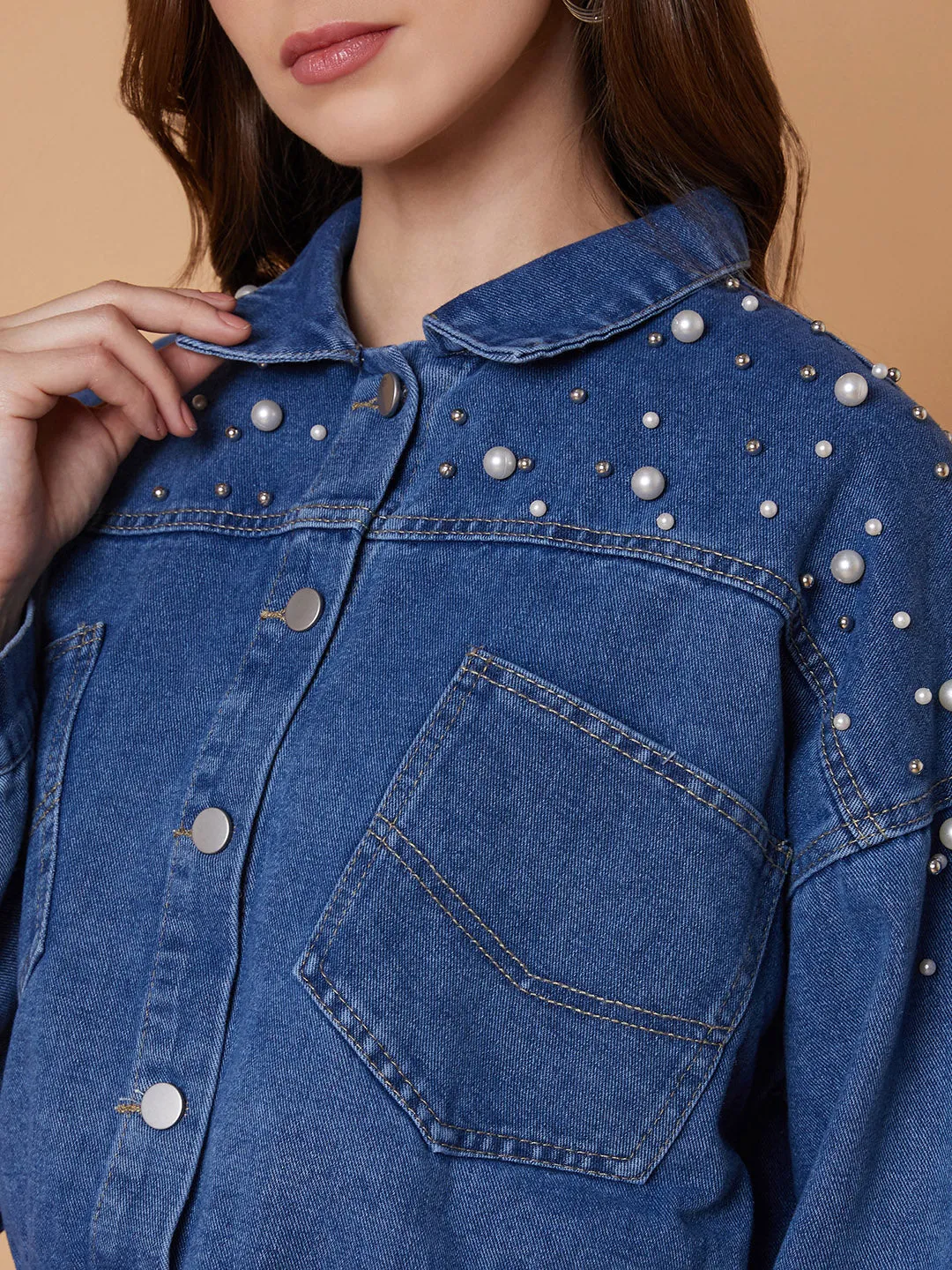 Women Blue Windcheater Longline Denim Jacket