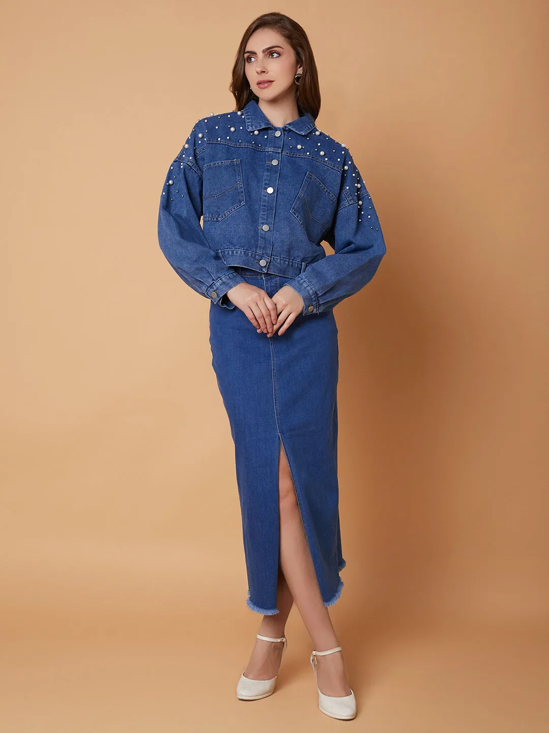 Women Blue Windcheater Longline Denim Jacket