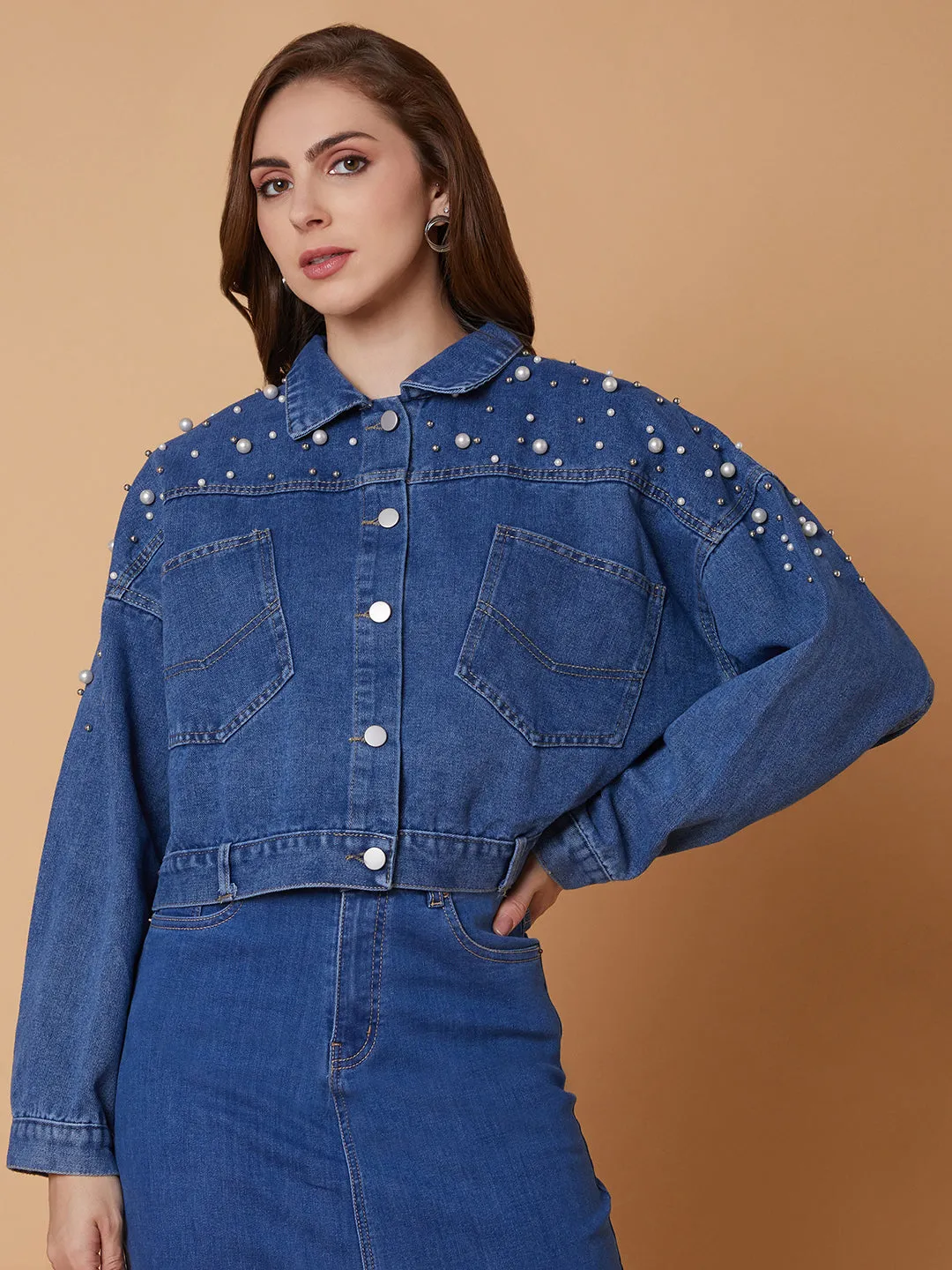 Women Blue Windcheater Longline Denim Jacket
