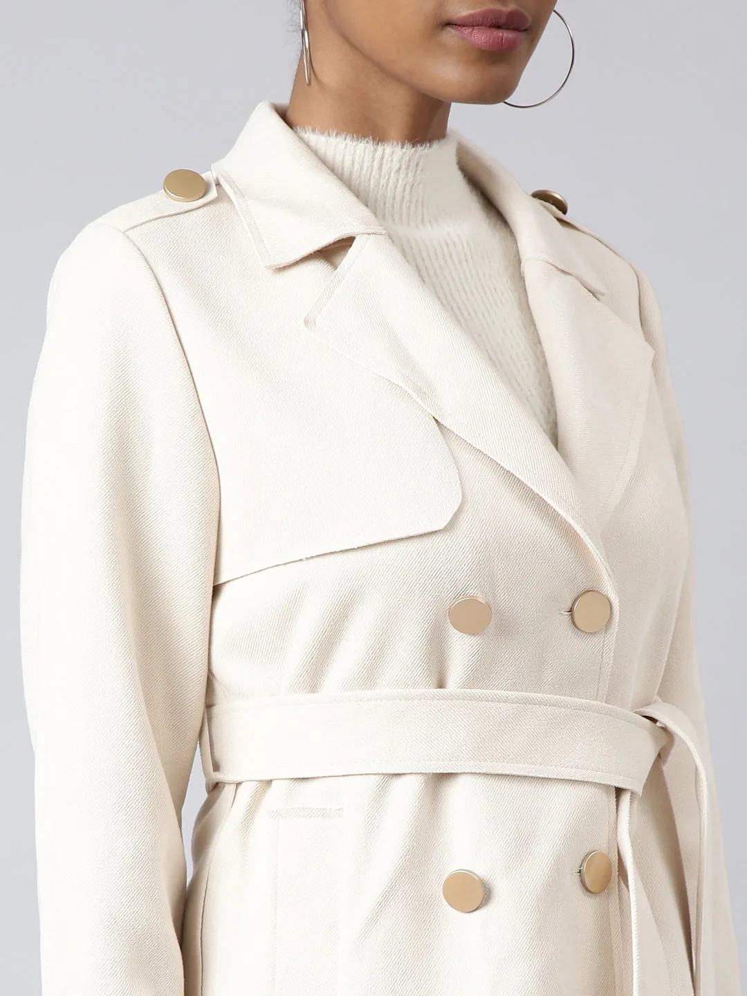 Women Solid Longline Cream Trench Coat