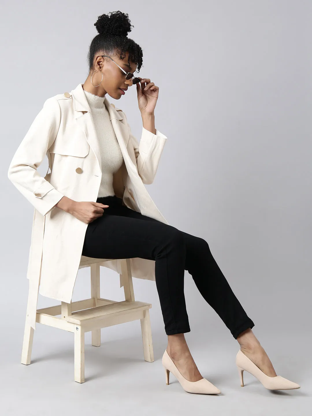 Women Solid Longline Cream Trench Coat