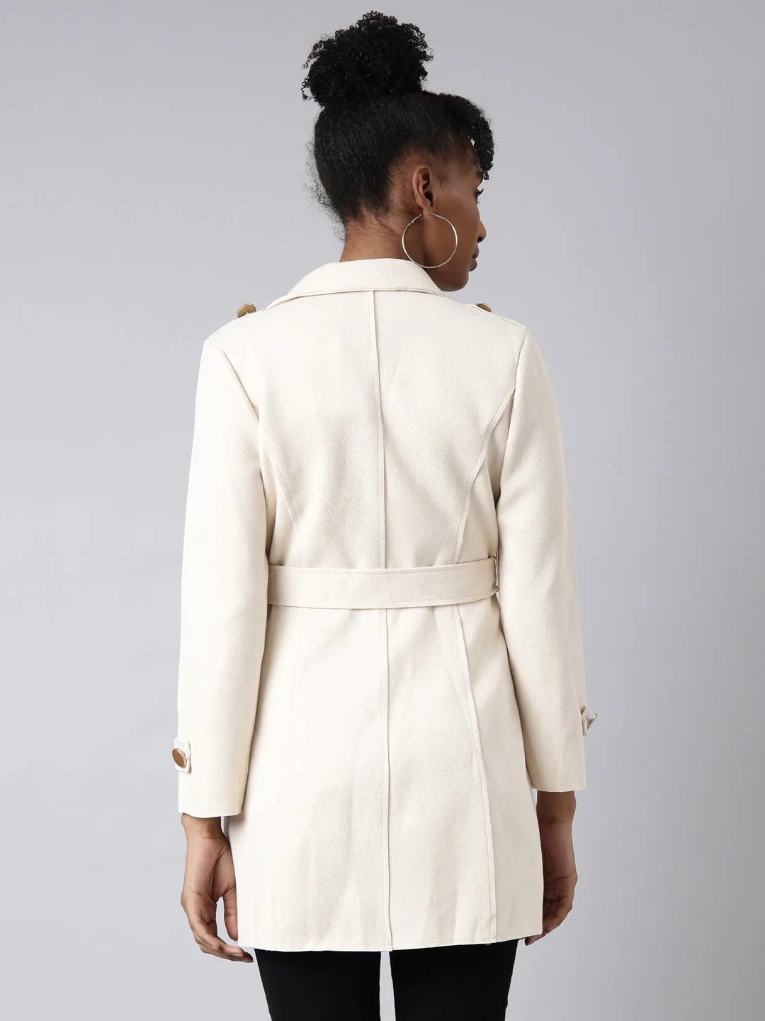 Women Solid Longline Cream Trench Coat