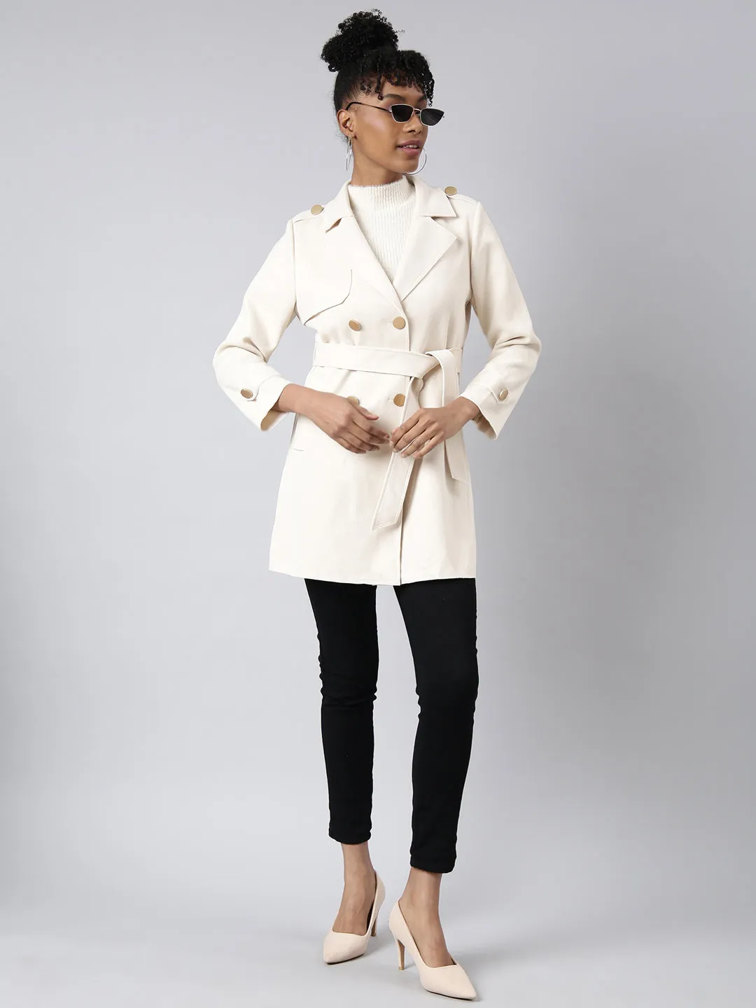 Women Solid Longline Cream Trench Coat