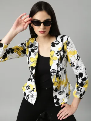 Women Yellow Floral Printed Slim Fit Single-Breasted Casual Blazer