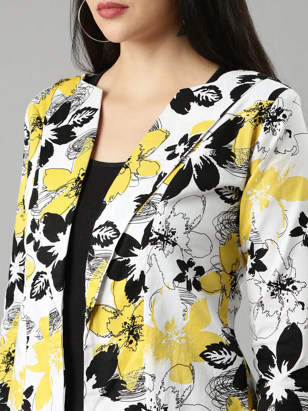 Women Yellow Floral Printed Slim Fit Single-Breasted Casual Blazer