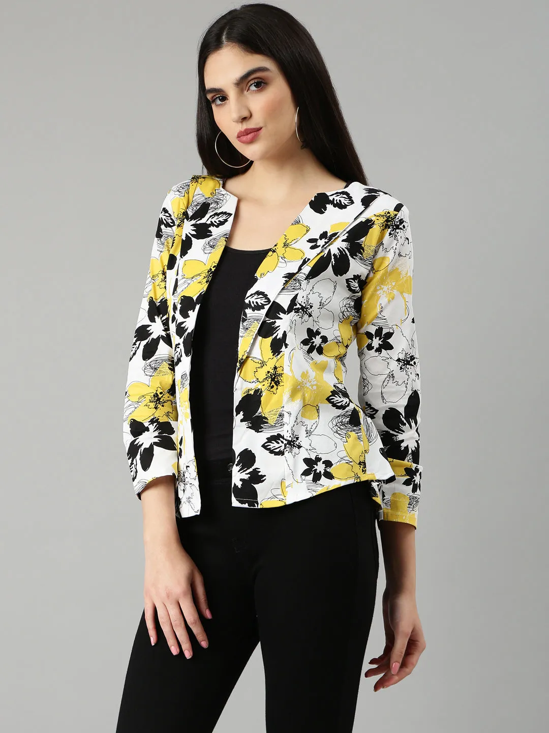 Women Yellow Floral Printed Slim Fit Single-Breasted Casual Blazer