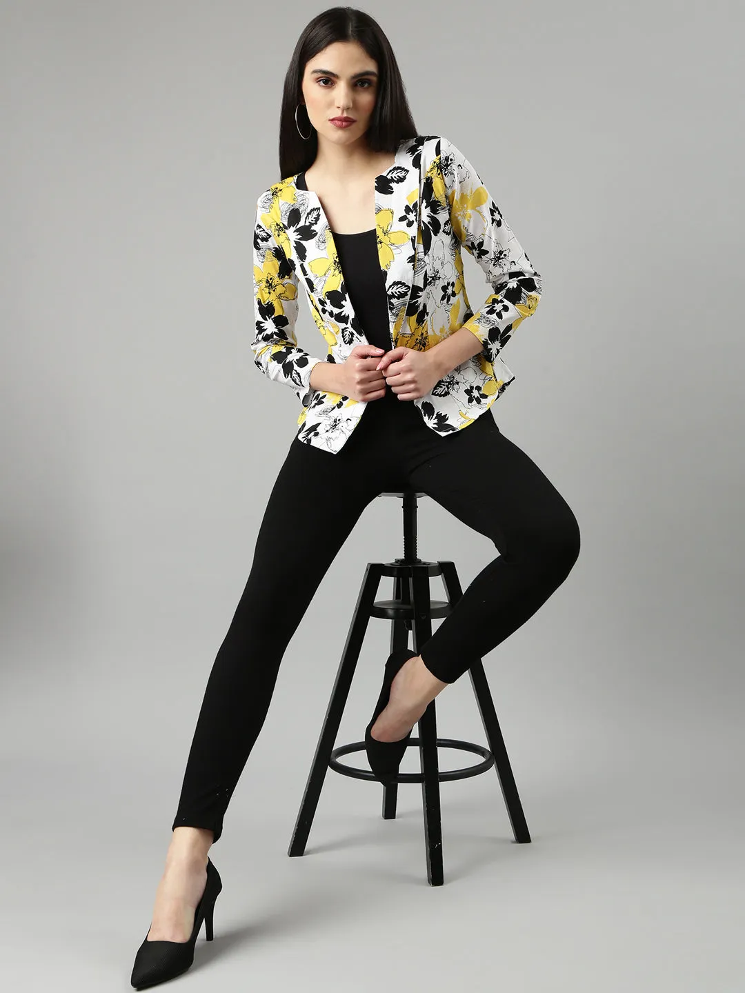Women Yellow Floral Printed Slim Fit Single-Breasted Casual Blazer