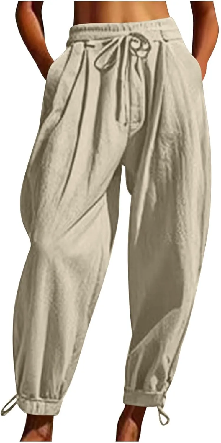 Womens Cinch Bottom Cotton Linen Pants Summer Casual Solid High Waist Drawstring Trousers Baggy Trouser with Pockets