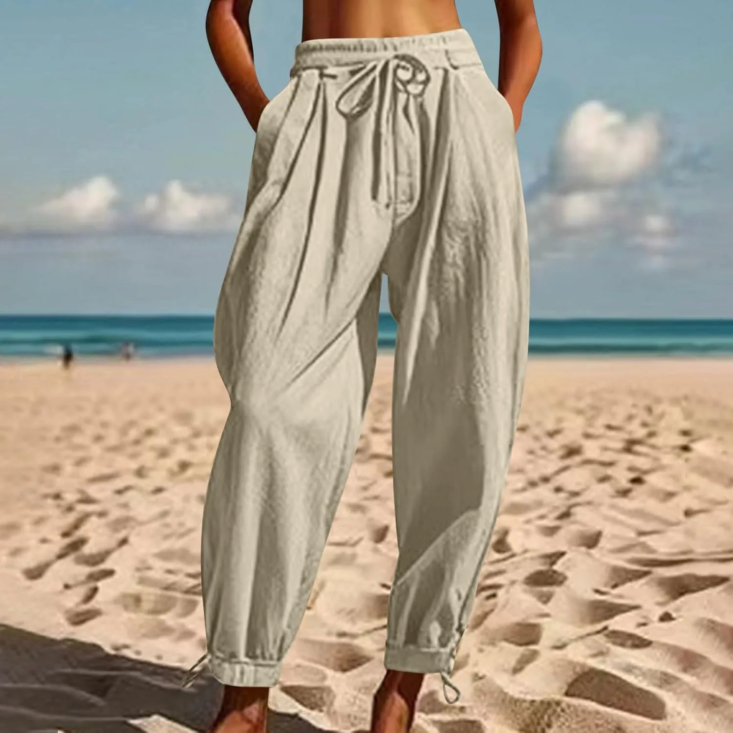 Womens Cinch Bottom Cotton Linen Pants Summer Casual Solid High Waist Drawstring Trousers Baggy Trouser with Pockets